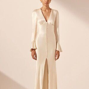 Shona Joy - La Lune Frill Cuff Bias Midi Dress in cream